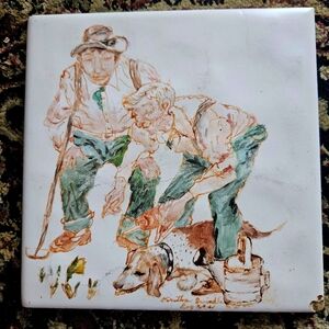 Vintage Midcentury Ceramic Hand-Painted Signed Tile Art  AMERICANA Collectible